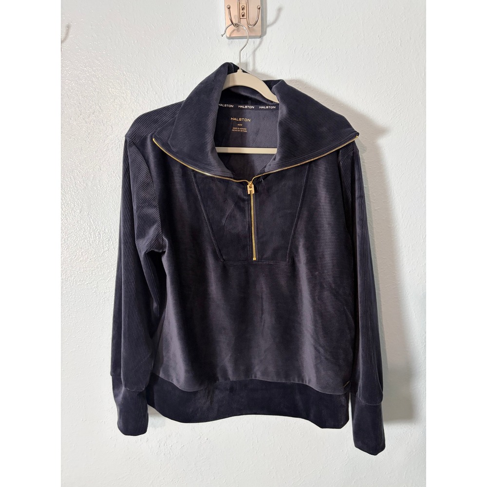 Halston Ribbed Velour Quarter Zip Pullover Navy Blue Gold Hardware Quiet LuxuryM